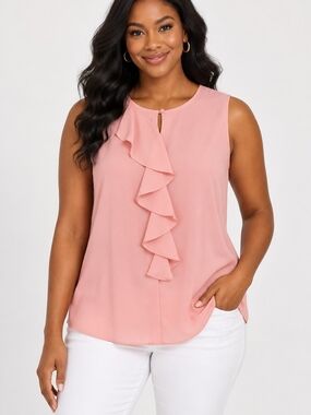 Blush Pink Sleeveless Ruffle Front Blouse – Feminine Dressy Top